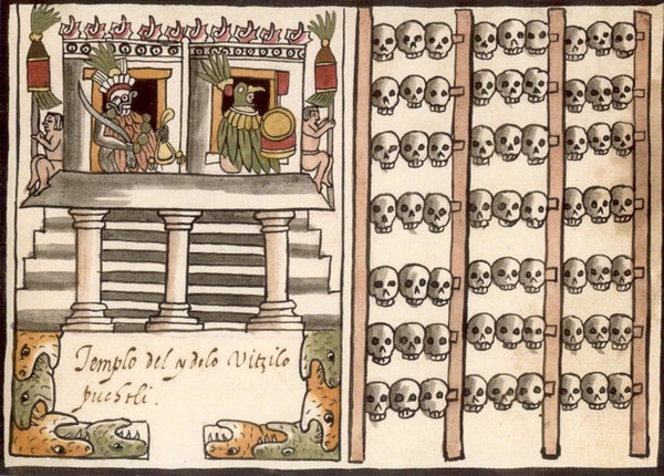 Illustration de tzompantlis dans le manuscrit de Juan de Tovar datant de 1587, aussi connu sous le nom du Codex Ramírez (source: www.kale-ohtli.fr)